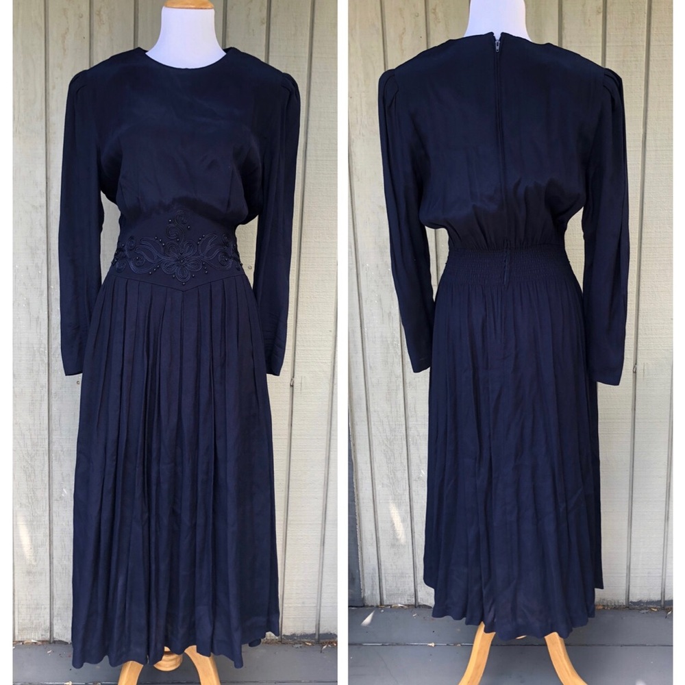 Vintage 70s Karin Stevens Beaded Embroidered Whimsical Navy Blue Maxi Dress 6